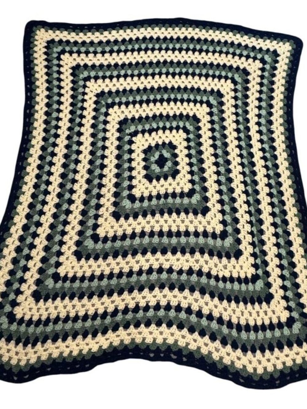 ✨💙Handmade Vintage Crochet Granny Square Green Cream & Blue Retro Throw Blanket